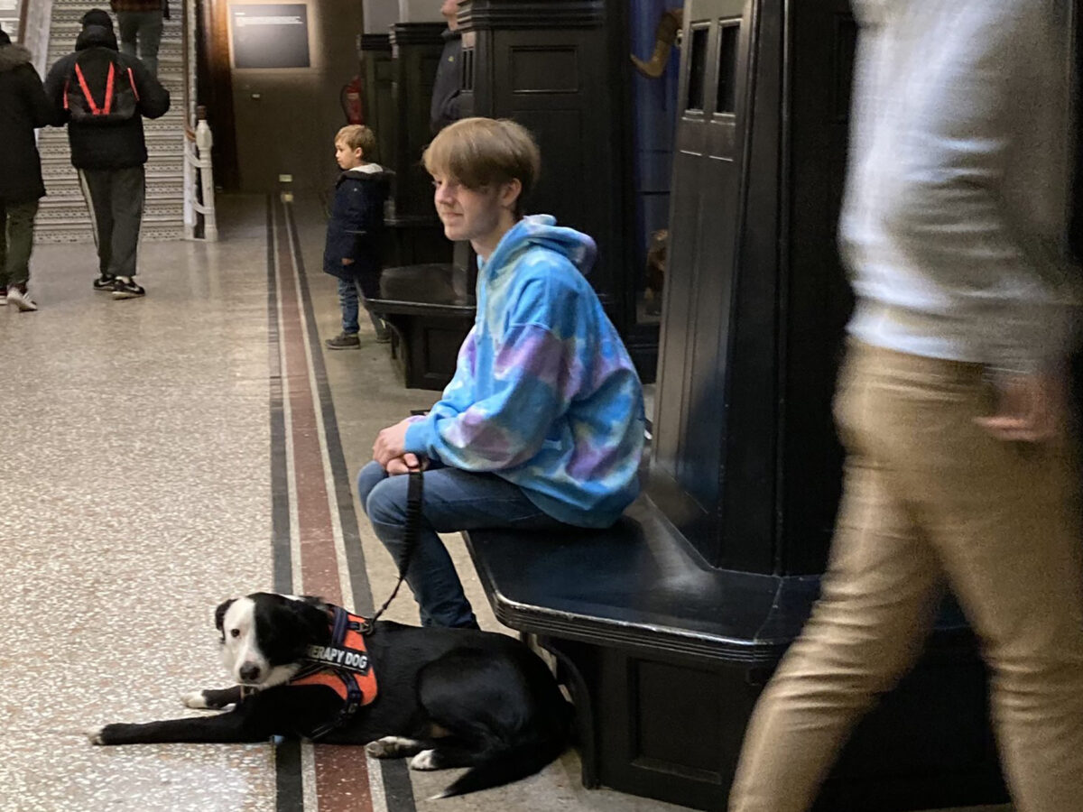 A therapy dog and a dog trainer sitting together in the Museum